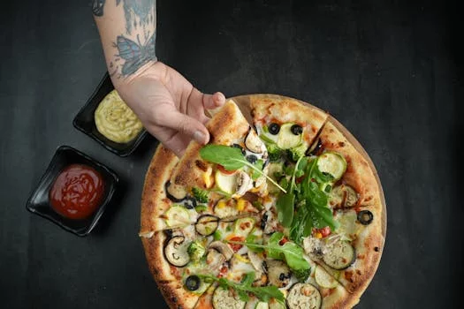 veggie pizza peppers mushrooms onions colorful